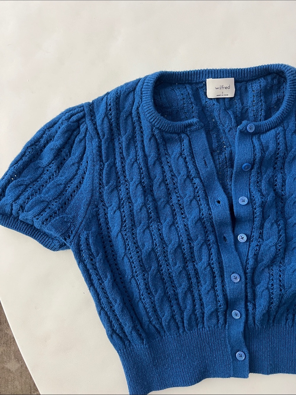 Wilfred Fey Cardigan Merino Wool and Cotton Short Sleeve Ultramarine Blue S $98 - Picture 4 of 8